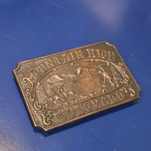 Vintage Rocky Mountain High Colorado Brass Belt Buckle Deer Mountains Hiker